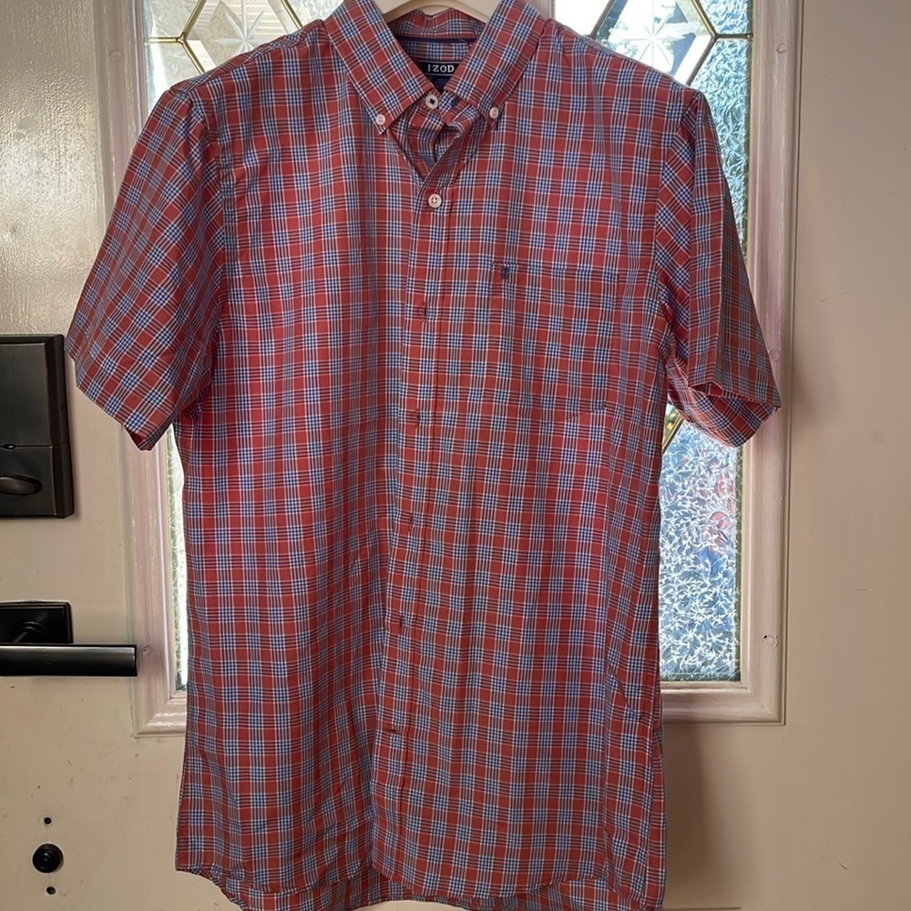 MENS IZOD Orange & Blue Plaid Short Sleeve Button Up Collared Shirt M